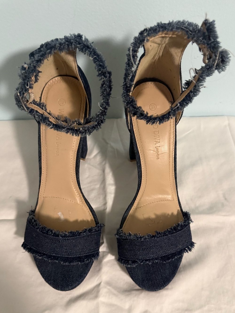Wild Diva Navy Frayed Denim Ankle-Strap Heels